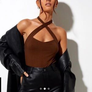 Motel brown bodysuit with cross straps in size small!